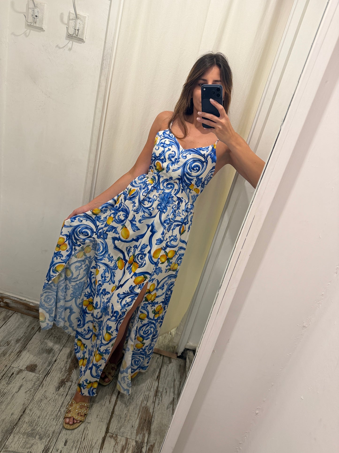 ABITO LUNGO CAPRI FANTASIA BIANCO E AZZURRO CON LIMONI