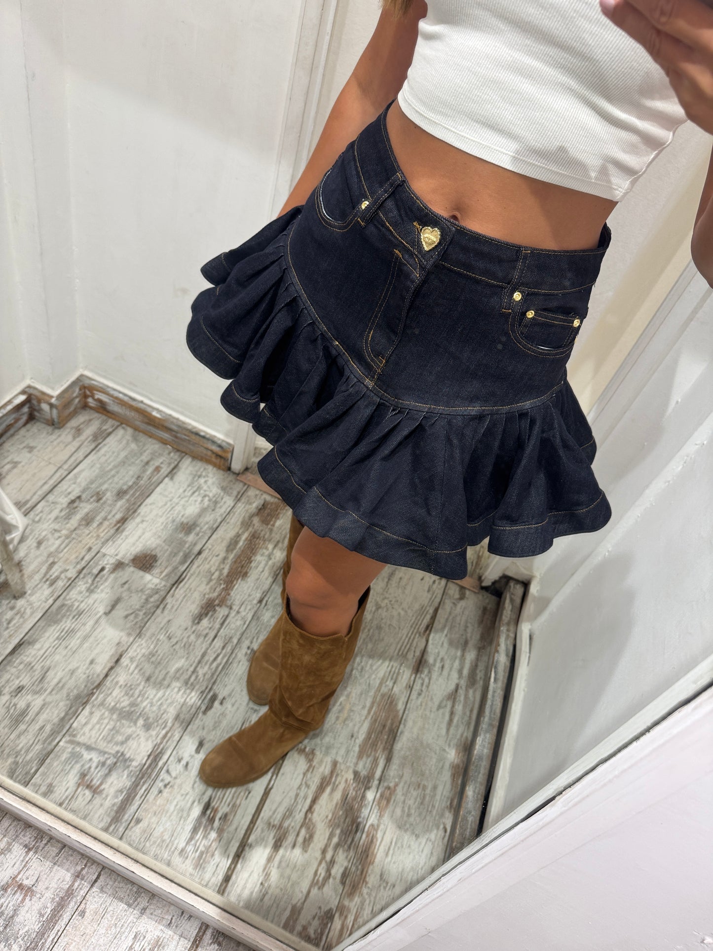 GONNA CORTA VOLANT DENIM SCURO