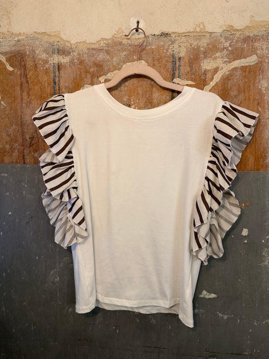 NEW COLLECTION - T-SHIRT BIANCA CON VOLANT RIGHE MARRONI