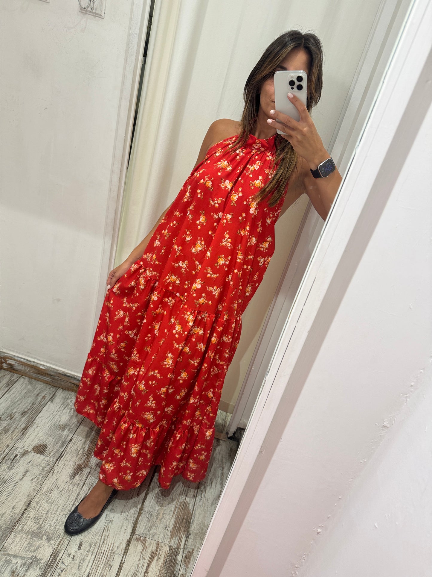 ABITO LUNGO ROSSO FLOREALE HALTER