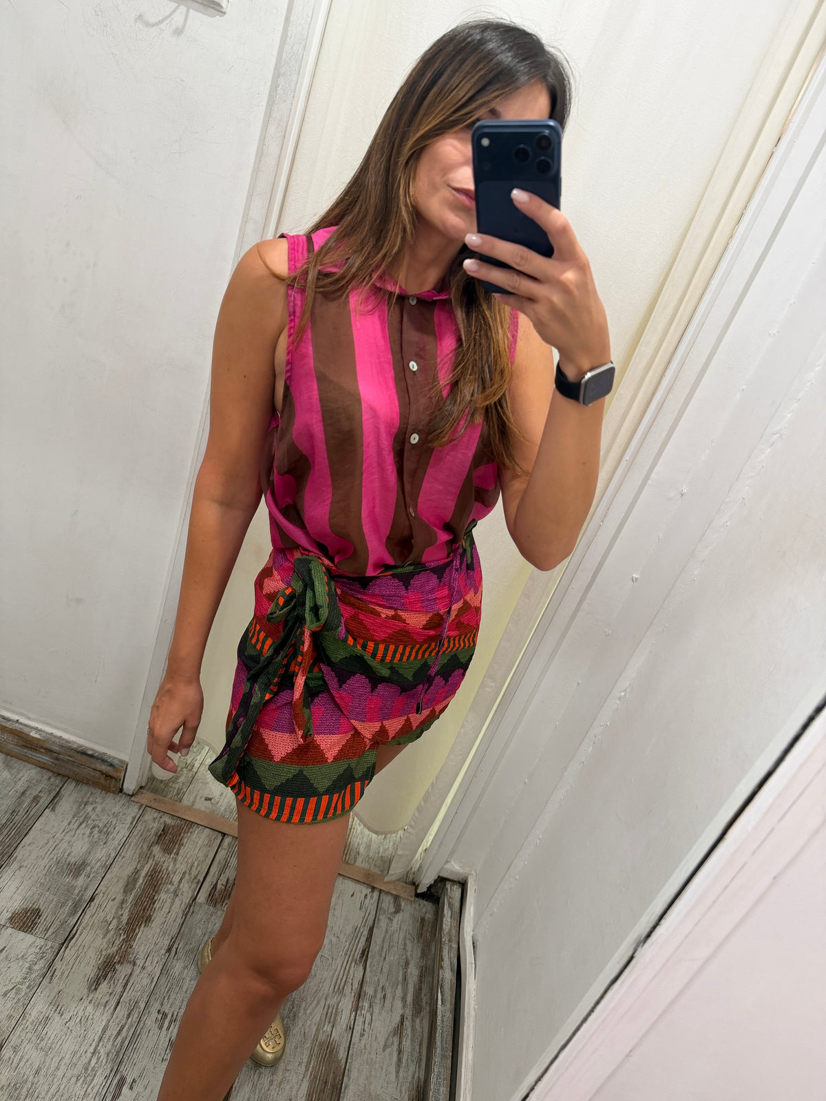 CAMICIA VELATA A RIGHE FUCSIA E MARRONE