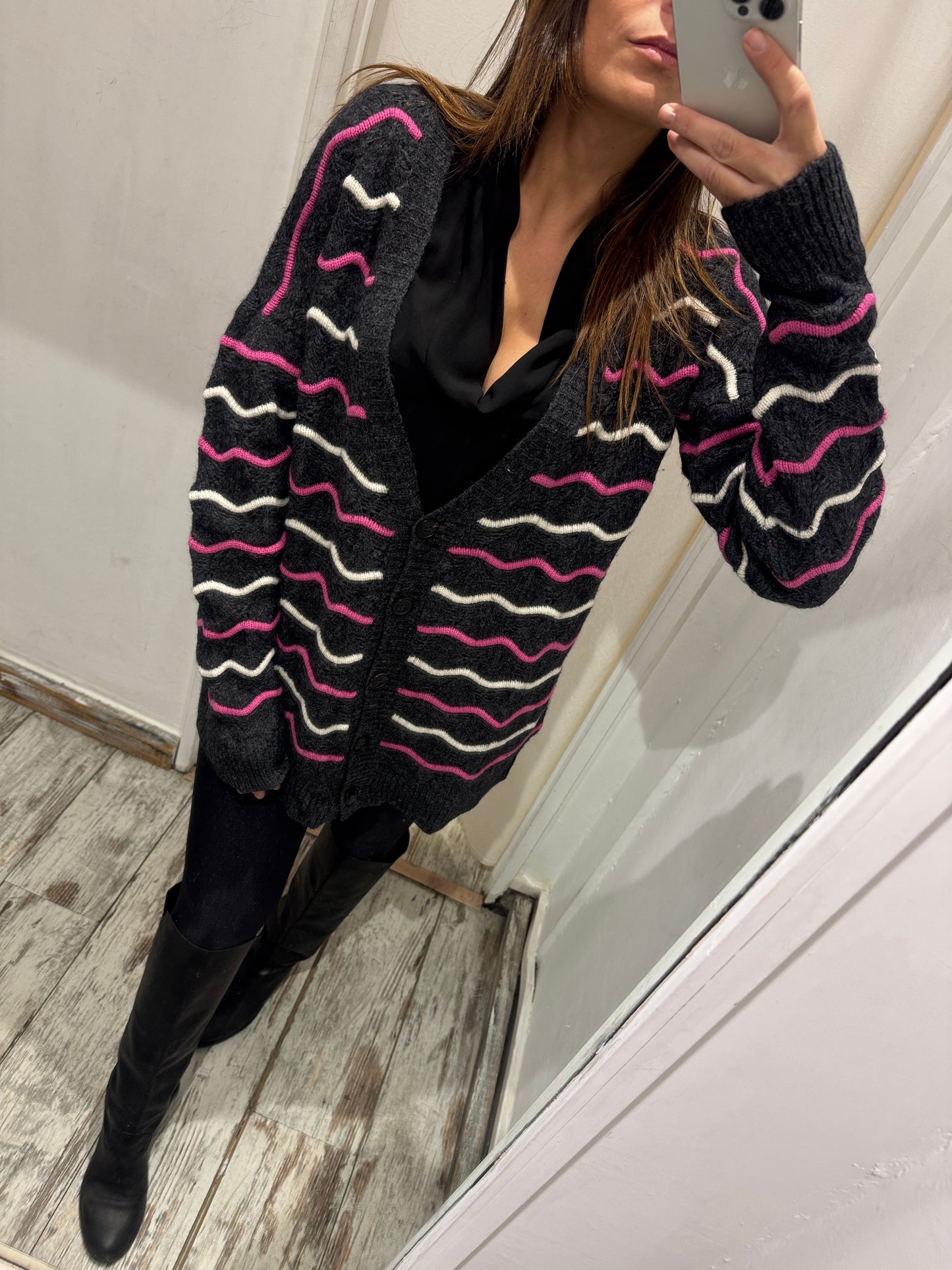 CARDIGAN SUOLI ANTRACITE RIGHE FUCSIA E PANNA