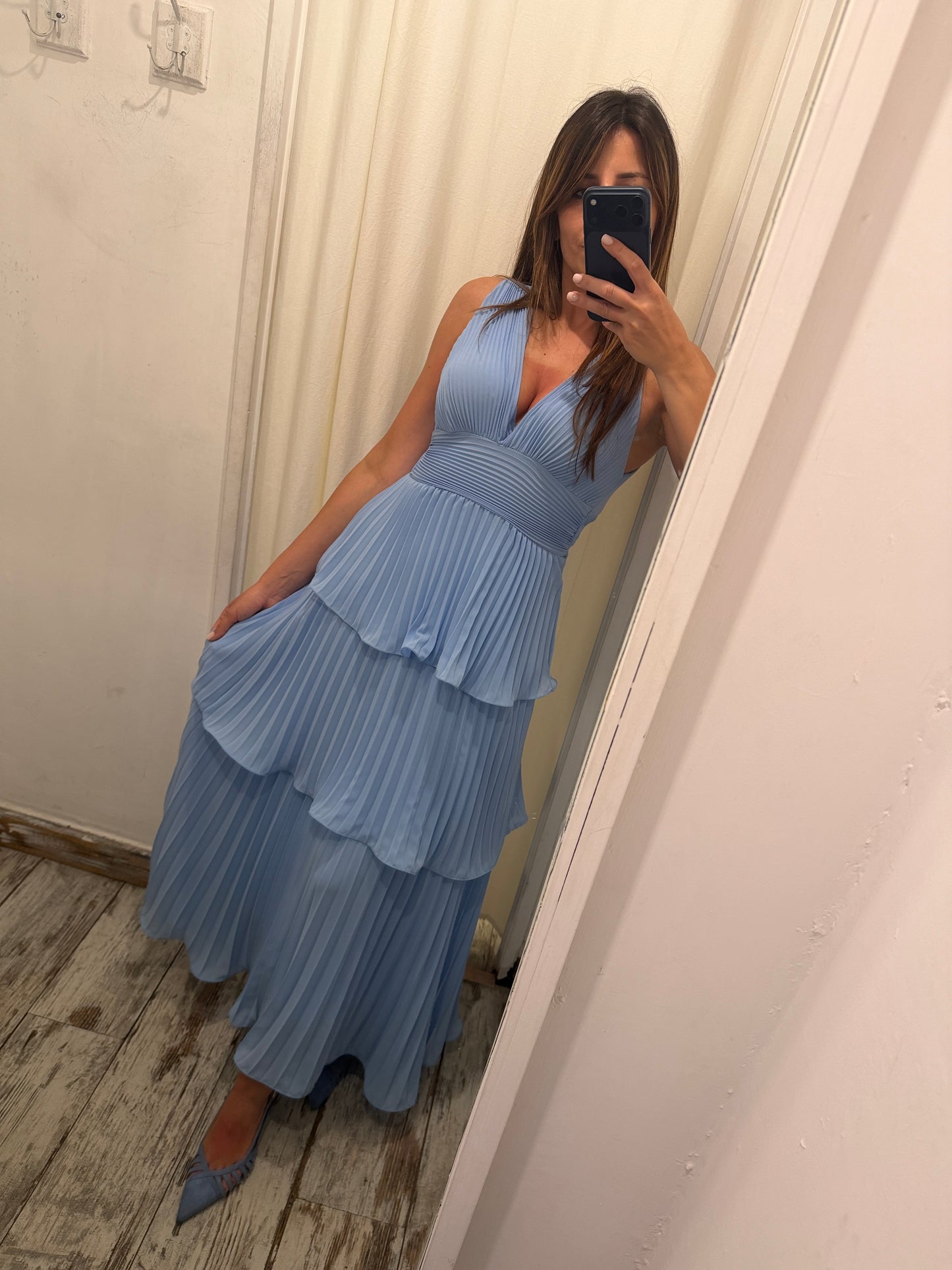NEW COLLECTION - ABITO LUNGO BALZE CELESTE PLISSÈ