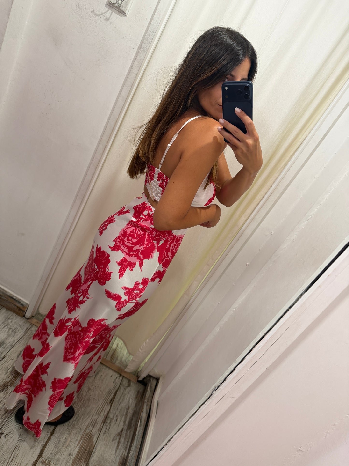 COORDINATO BRALETTE E GONNA BIANCO FIORI FUCSIA