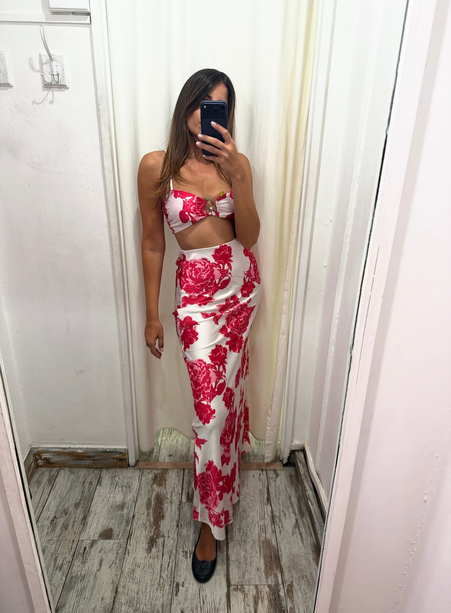 COORDINATO BRALETTE E GONNA BIANCO FIORI FUCSIA