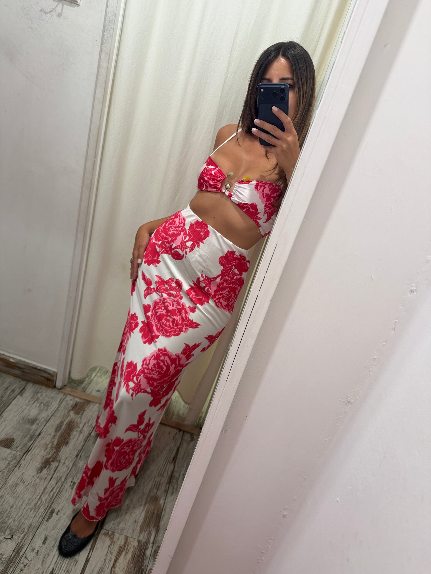 COORDINATO BRALETTE E GONNA BIANCO FIORI FUCSIA