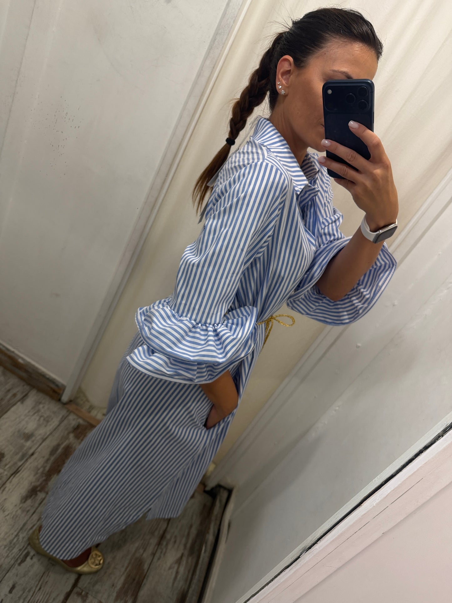 CAMICIONE A RIGHE CELESTE BOTTONI GIOIELLO