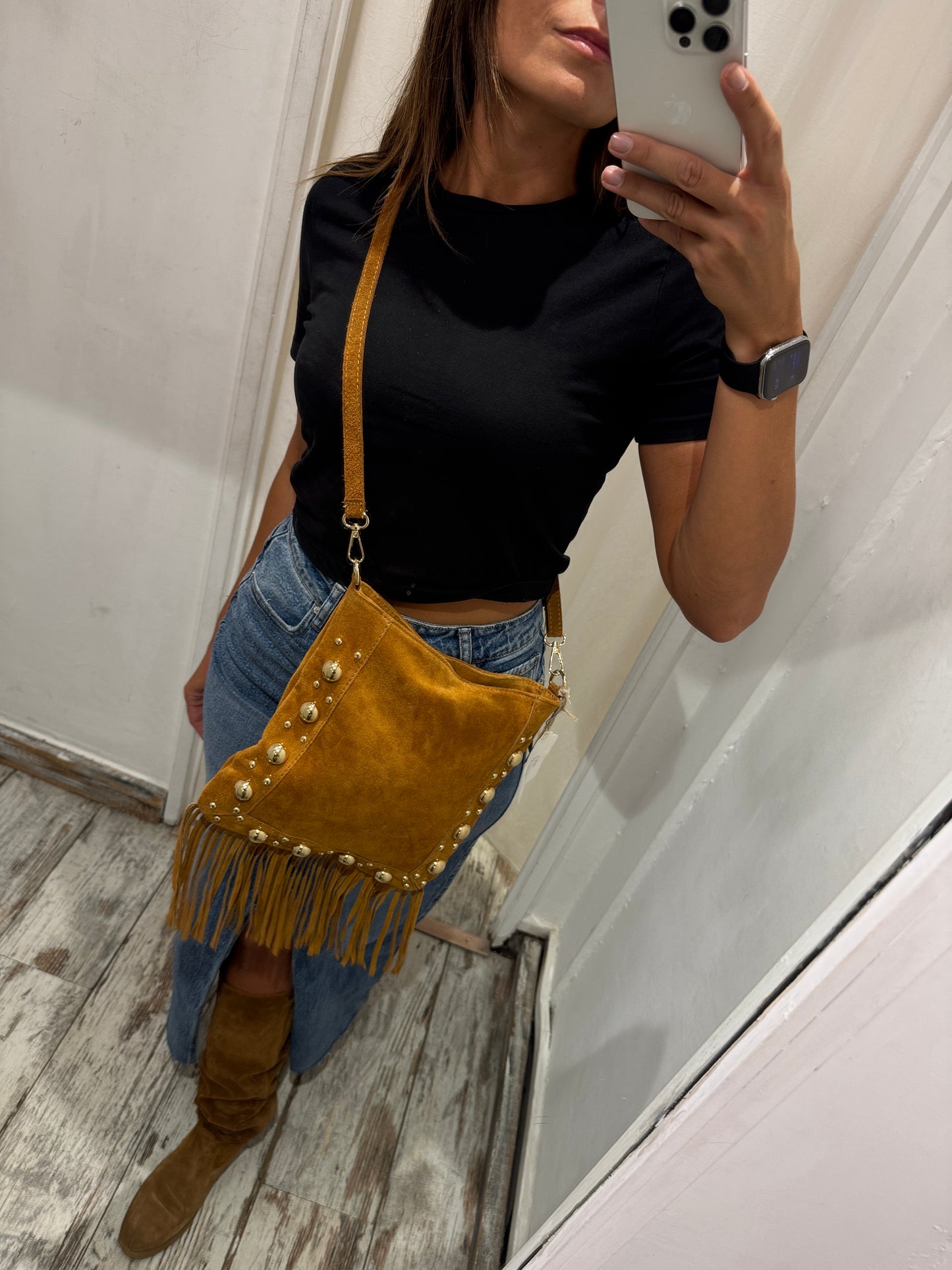 BORSA TRACOLLA SUEDE CUOIO BORCHIE E FRANGE
