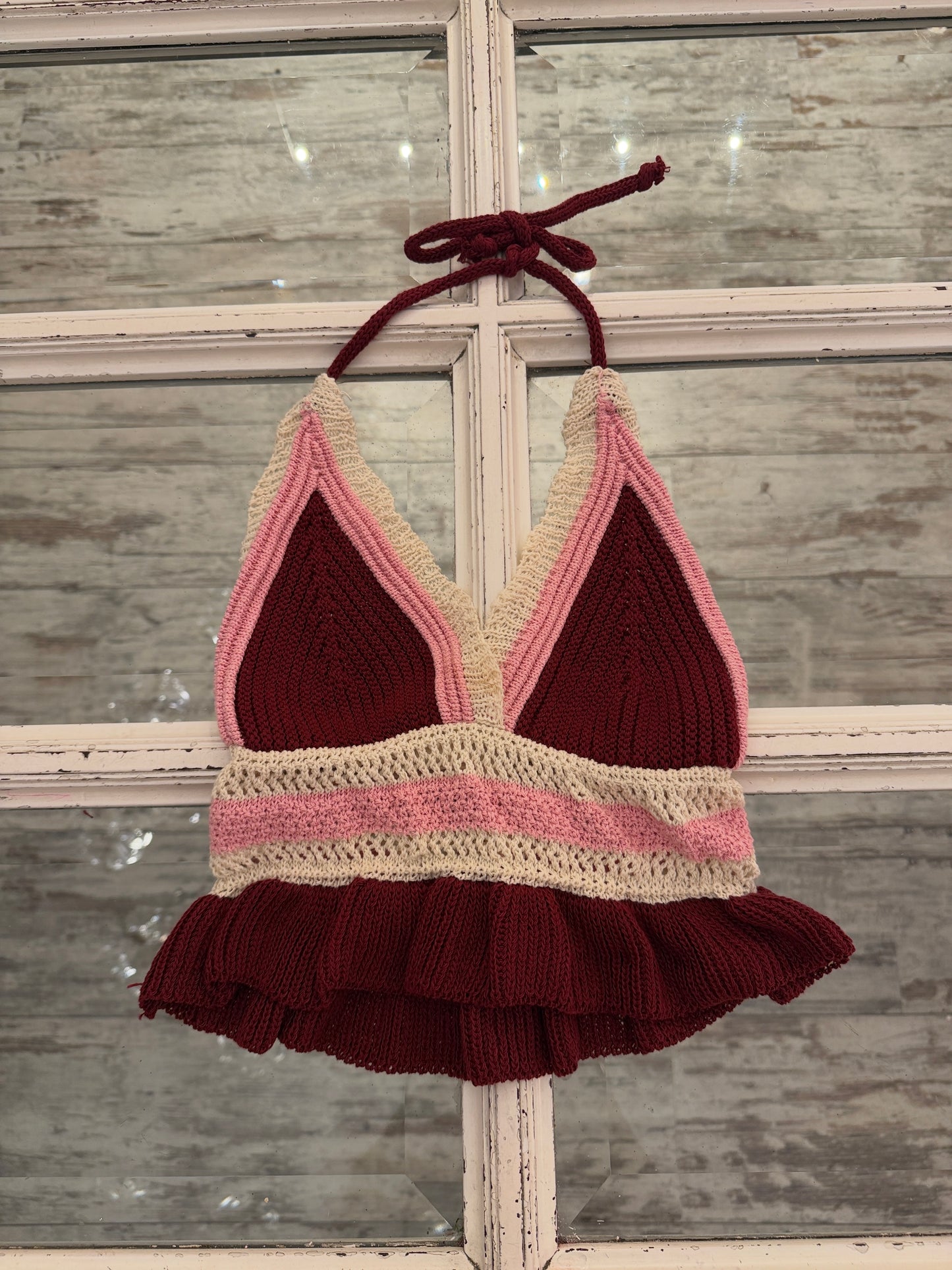 CROP TOP CROCHET BORDEAUX E ROSA