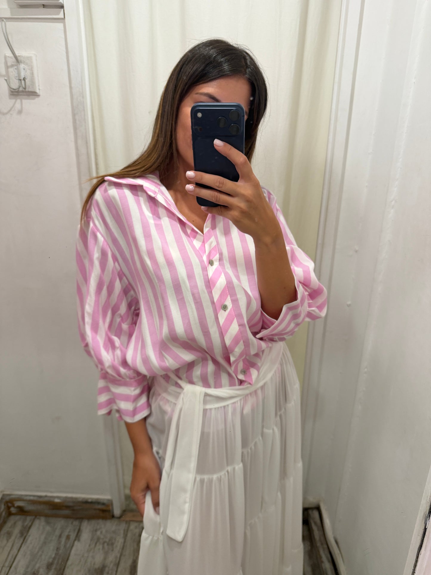 CAMICIA OVER RIGHE BIANCO E ROSA