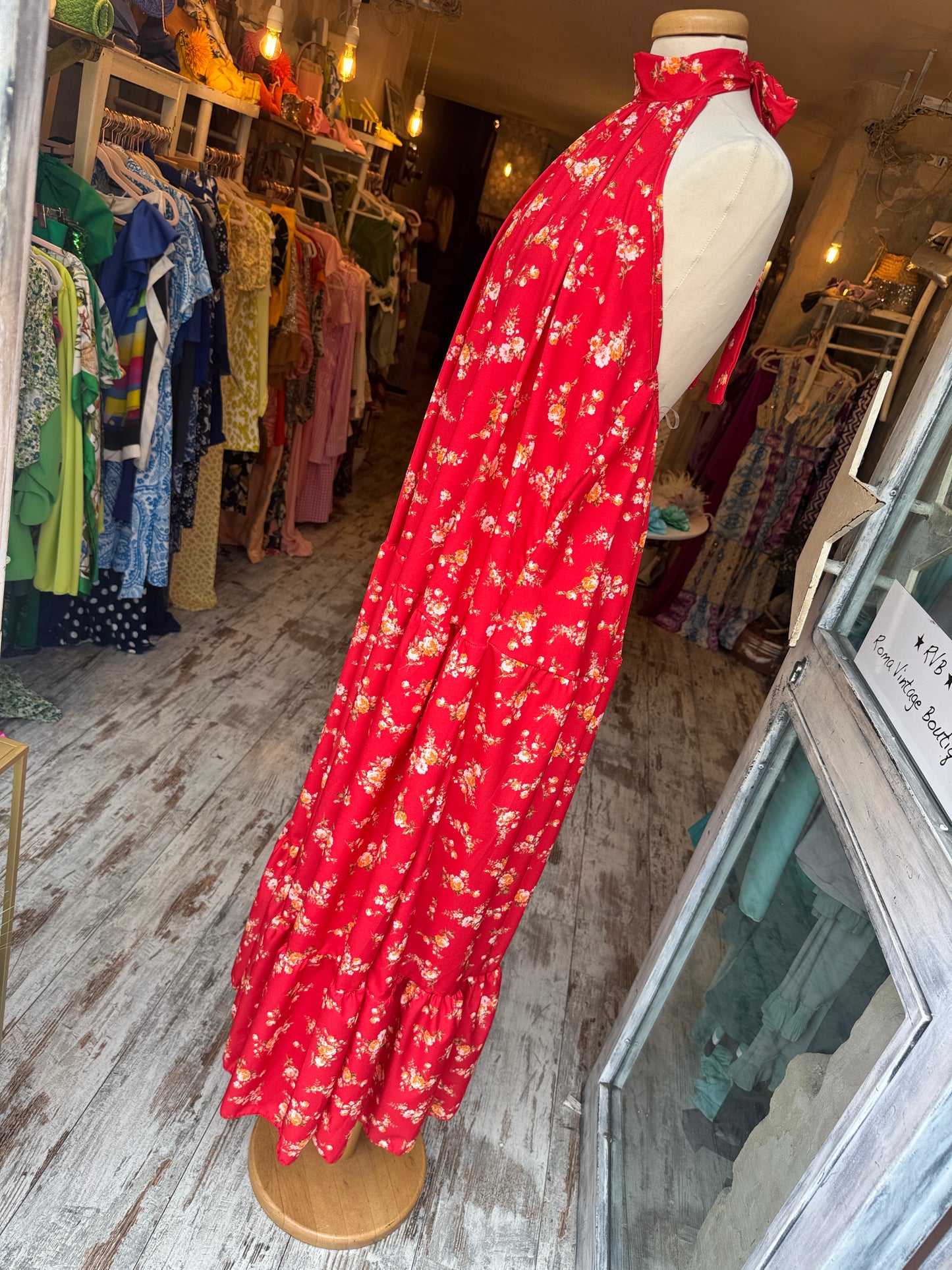 ABITO LUNGO ROSSO FLOREALE HALTER