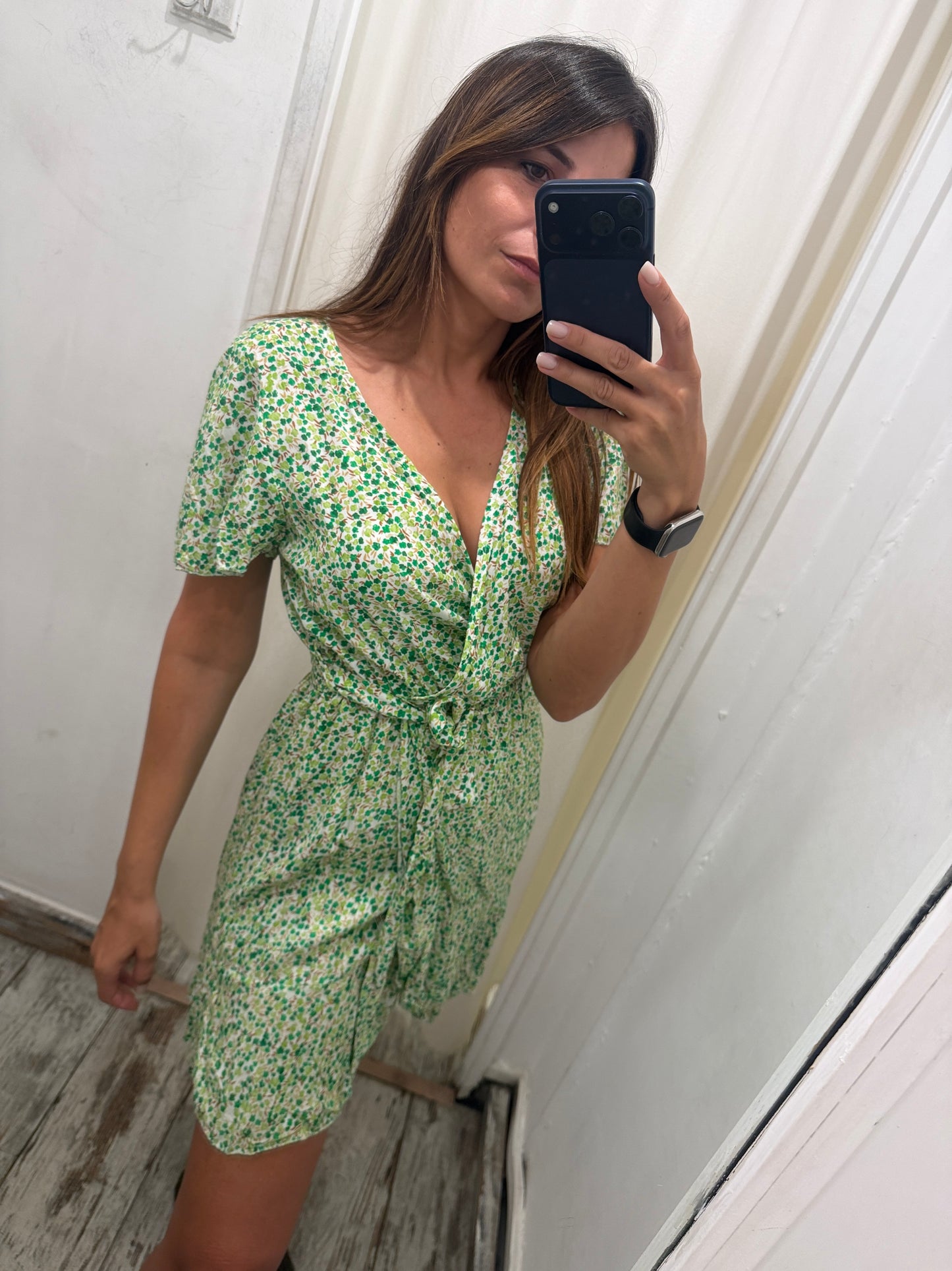 ABITO CORTO A PORTAFOGLIO  FIORELLINI VERDE