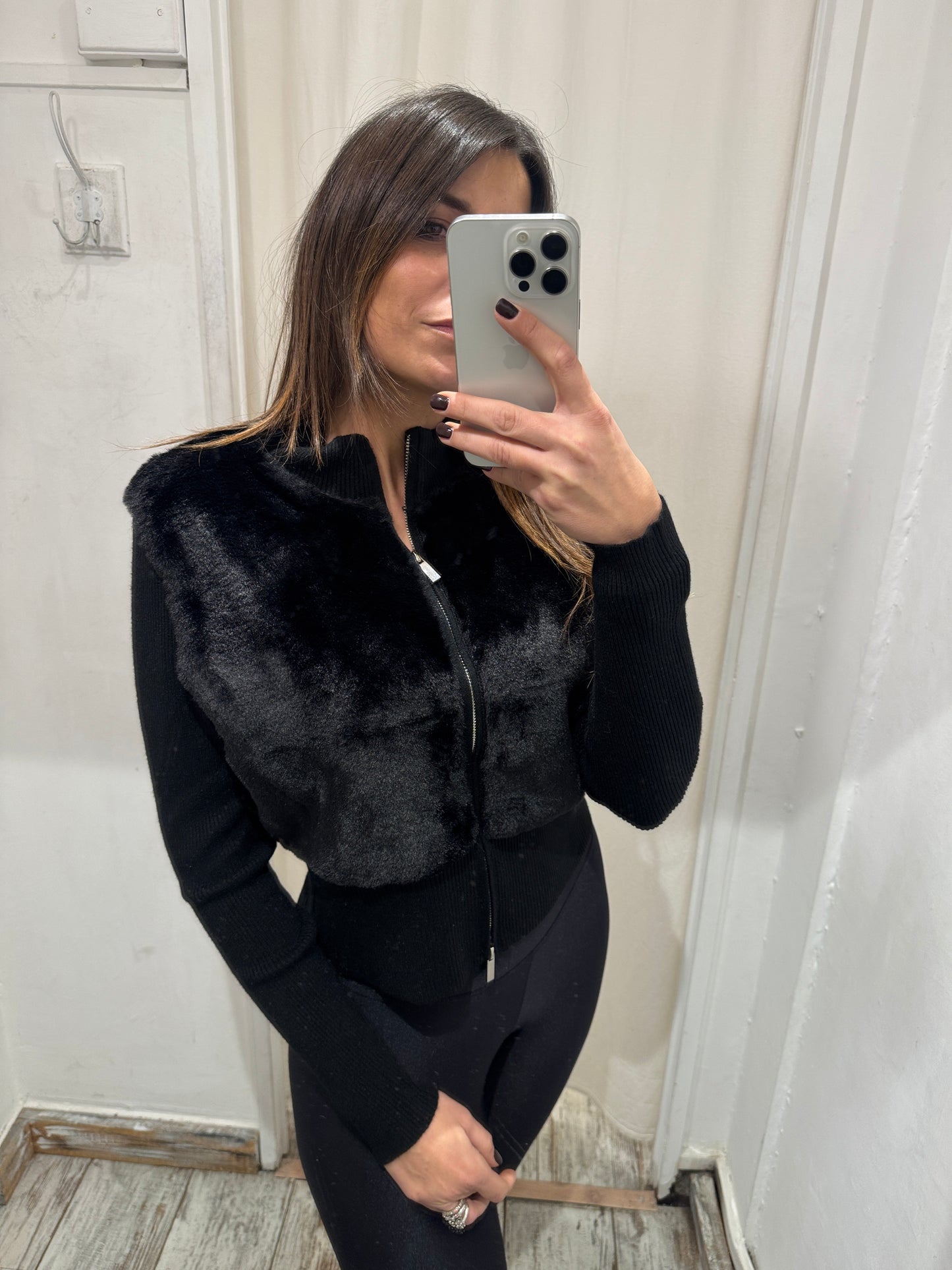 CARDIGAN ZIP ECOPELLICCIA NERO