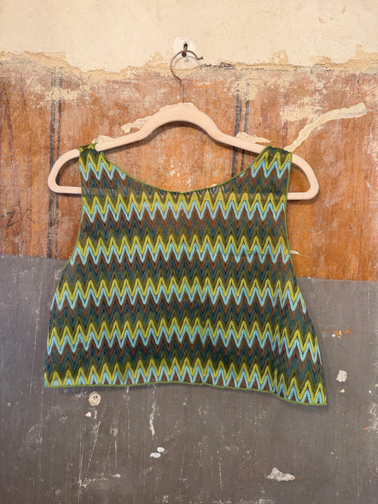 TOP CROP ZIG ZAG VERDE MARRONE E CELESTE