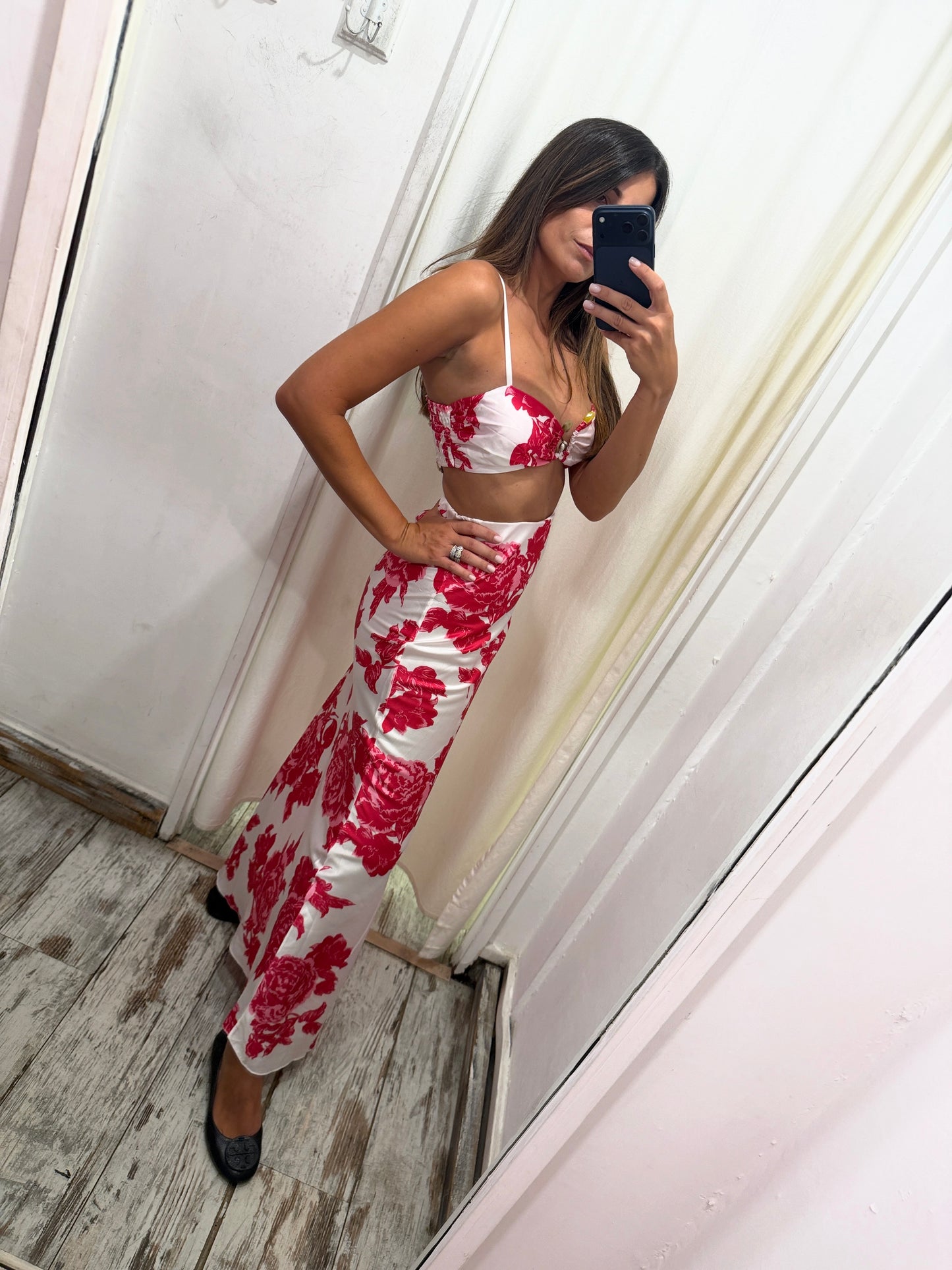 COORDINATO BRALETTE E GONNA BIANCO FIORI FUCSIA
