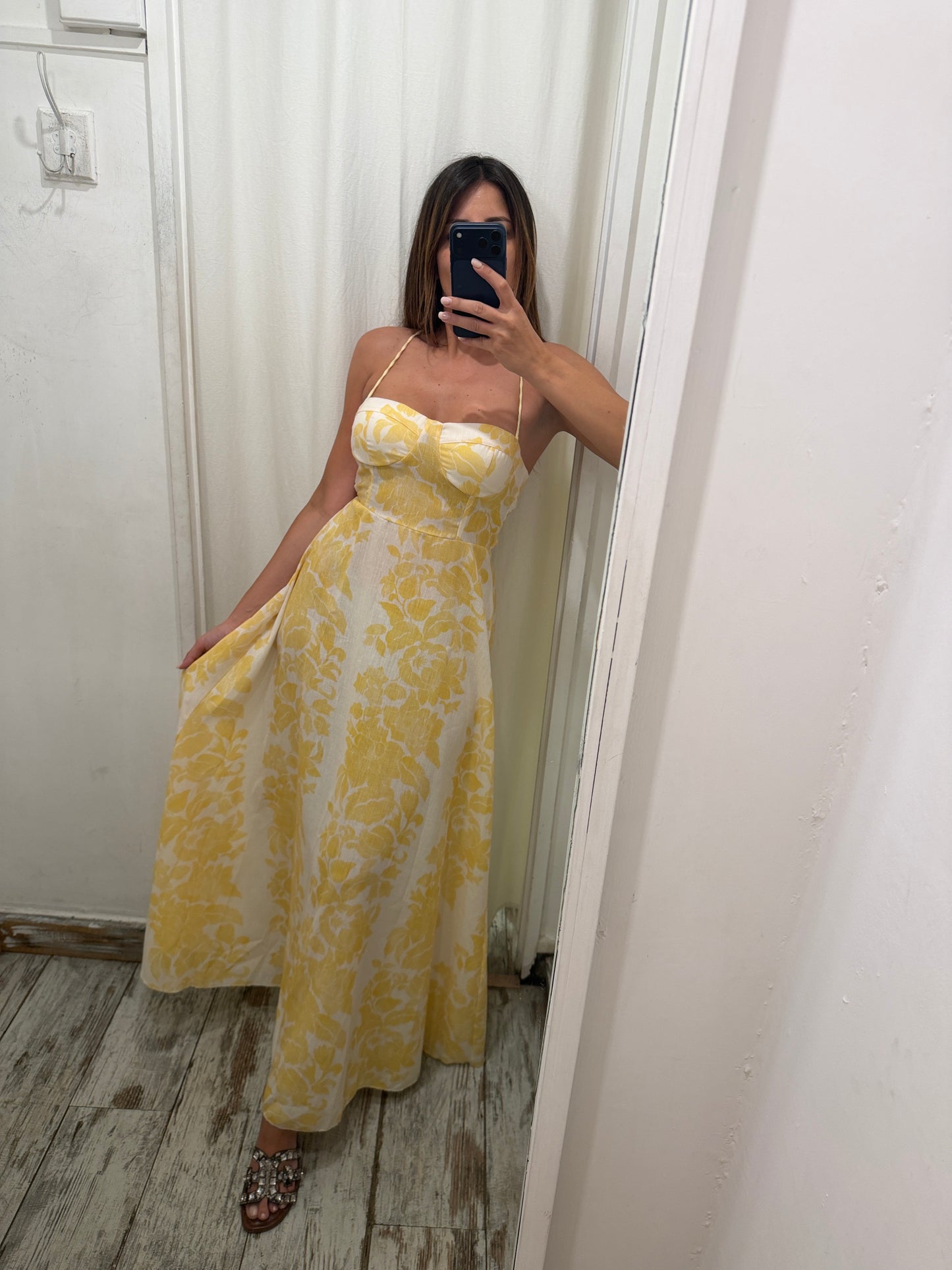 ABITO LUNGO BIANCO E GIALLO RETRO INCROCIATO