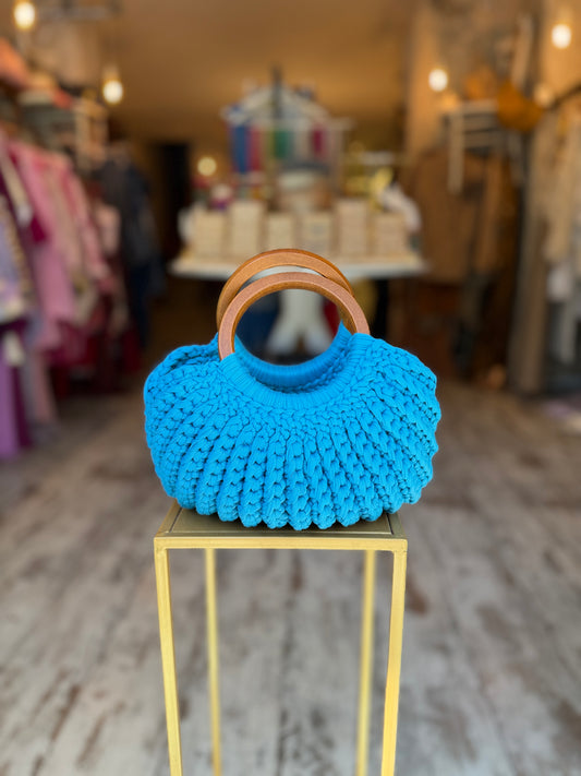 BORSA CROCHET TURCHESE MANICI LEGNO