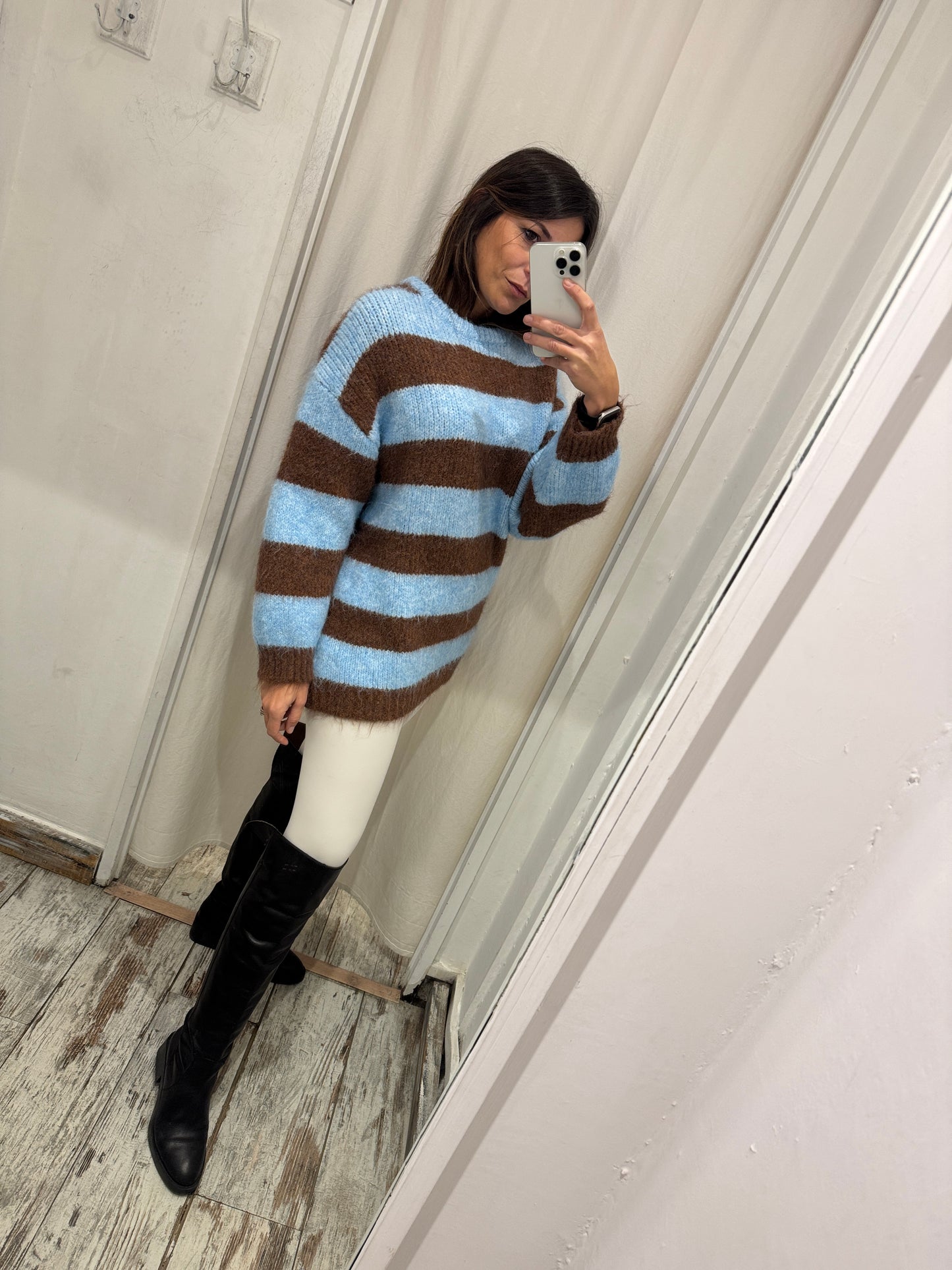 MAGLIA LUNGA A RIGHE CELESTE E MARRONE