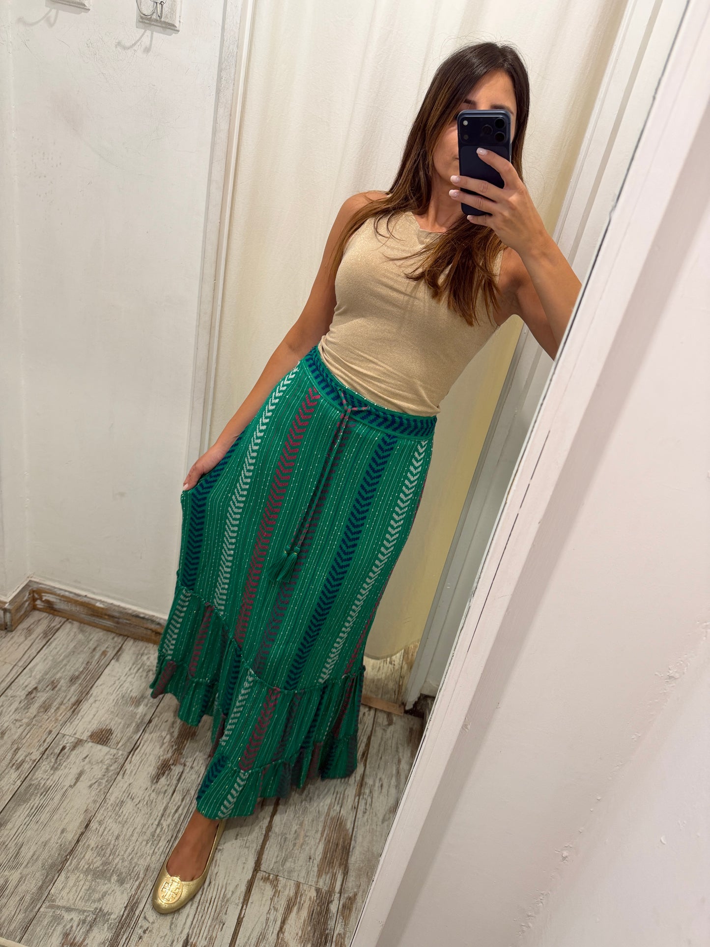 GONNA ETNICA VERDE SMERALDO CON PAILLETTES