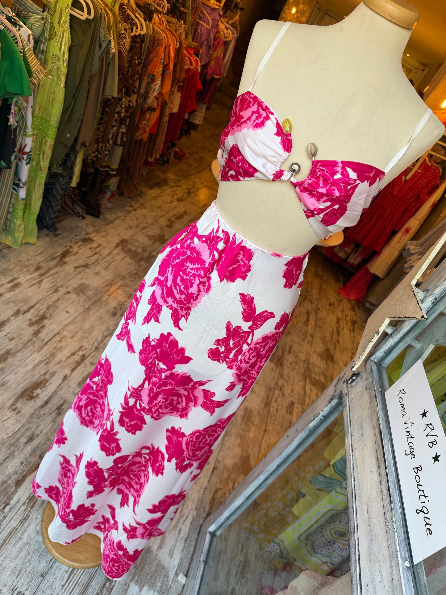 COORDINATO BRALETTE E GONNA BIANCO FIORI FUCSIA