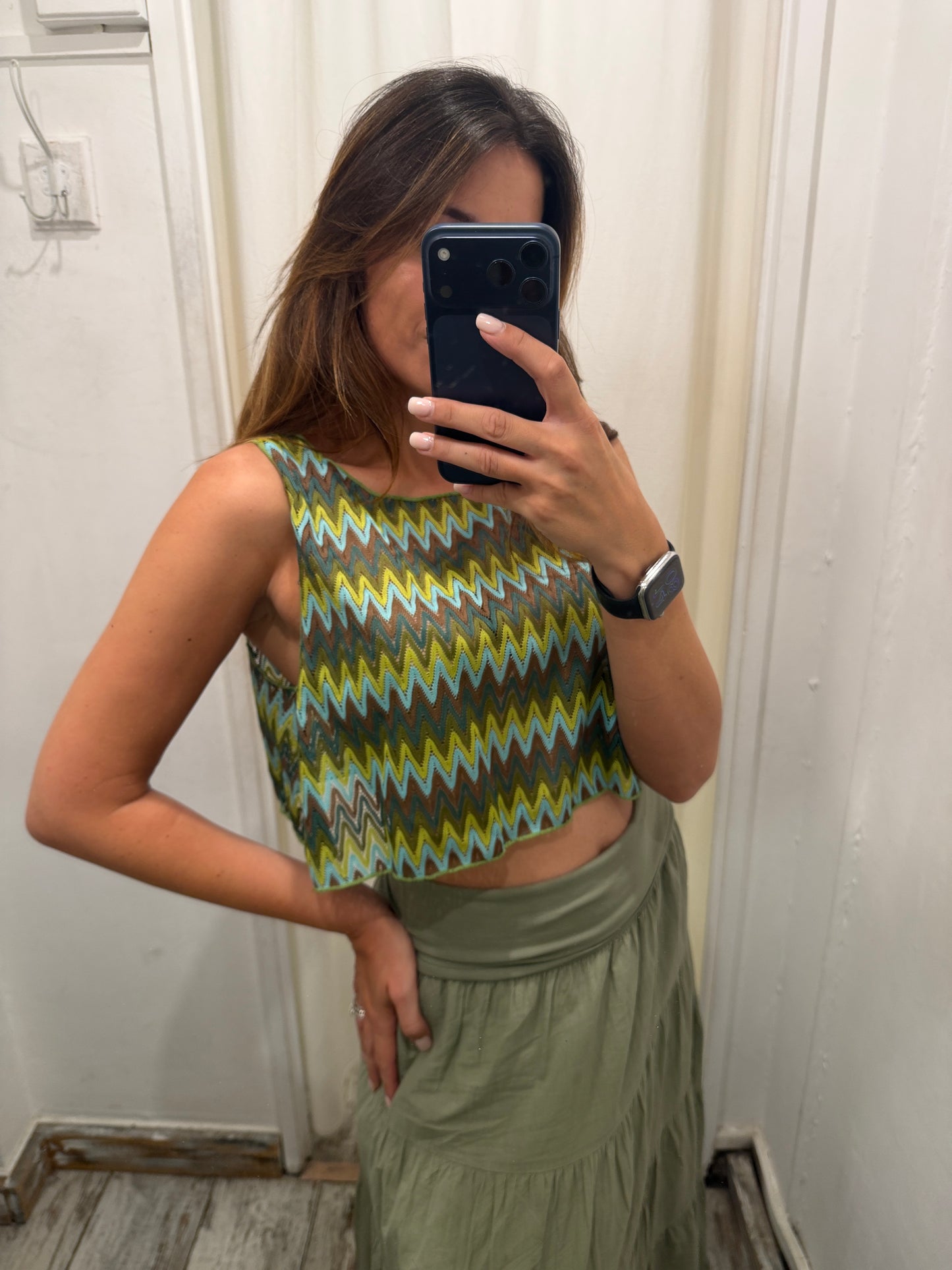 TOP CROP ZIG ZAG VERDE MARRONE E CELESTE