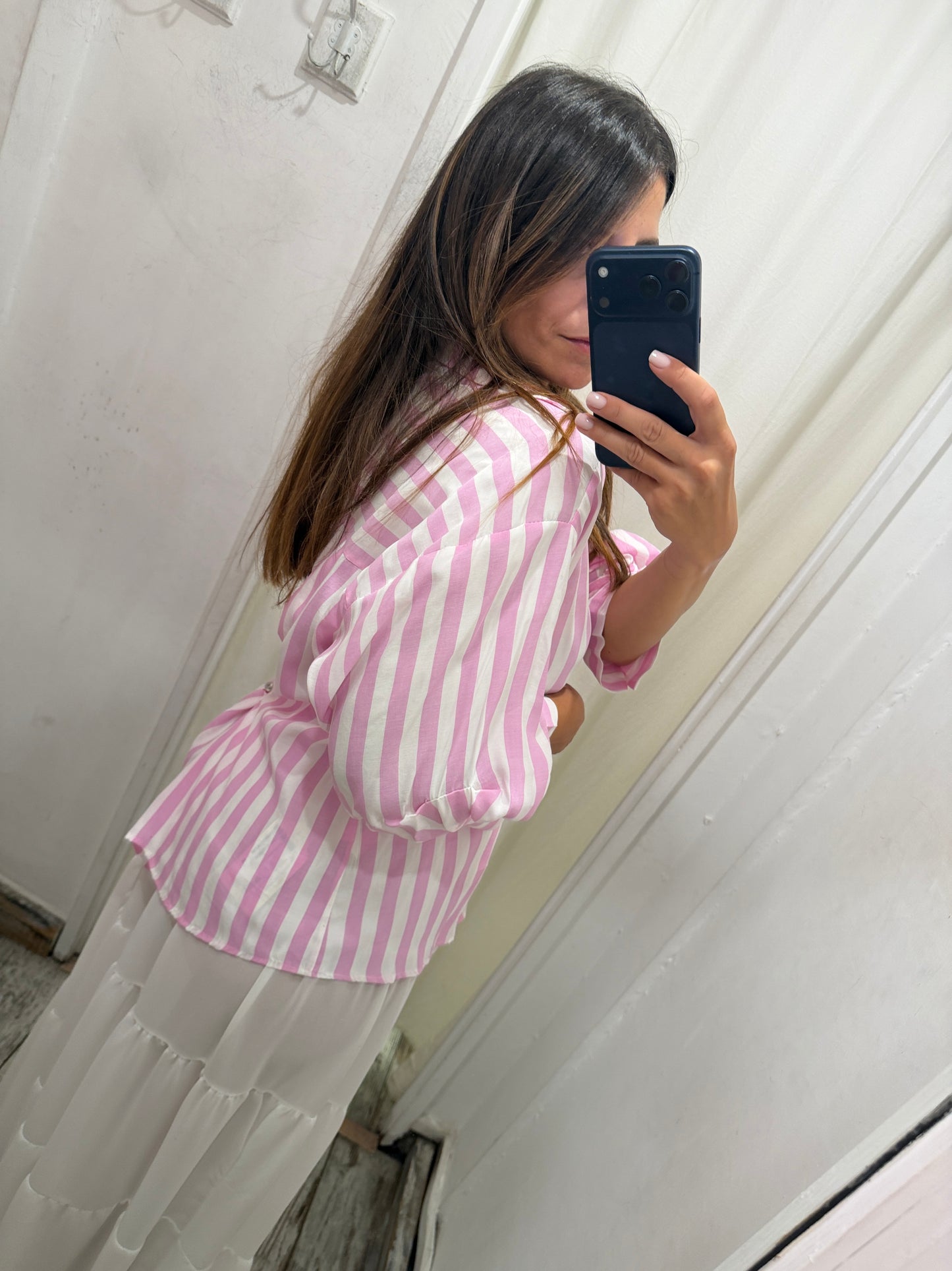 CAMICIA OVER RIGHE BIANCO E ROSA