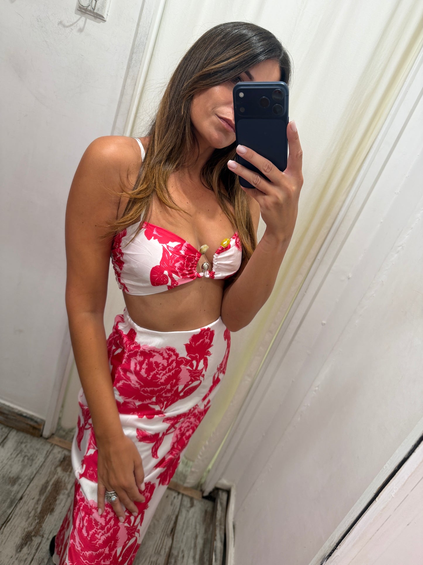 COORDINATO BRALETTE E GONNA BIANCO FIORI FUCSIA