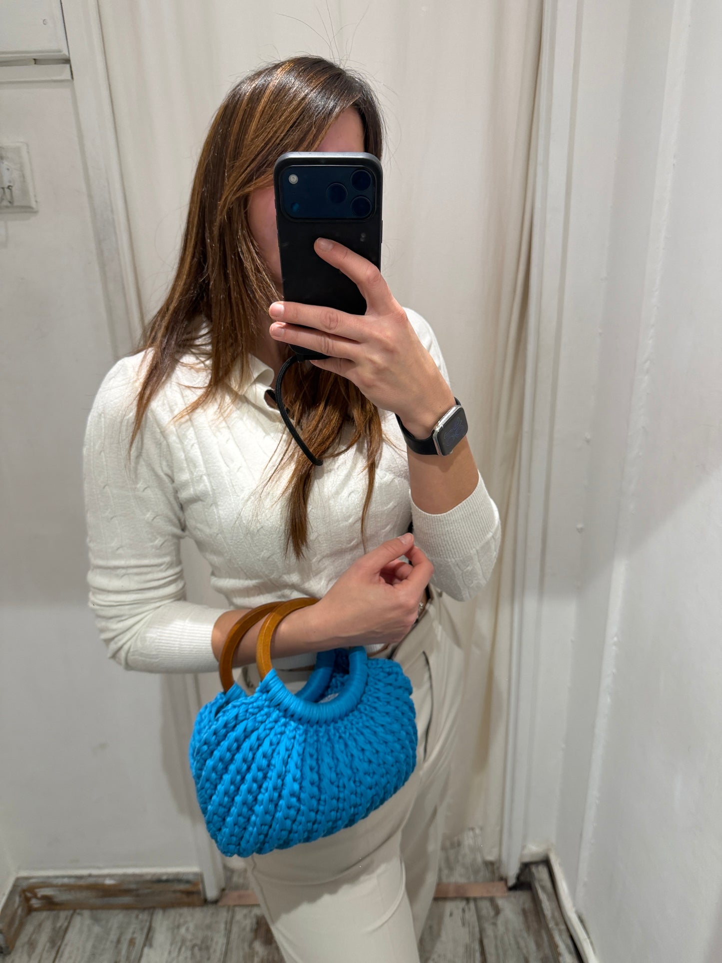 BORSA CROCHET TURCHESE MANICI LEGNO