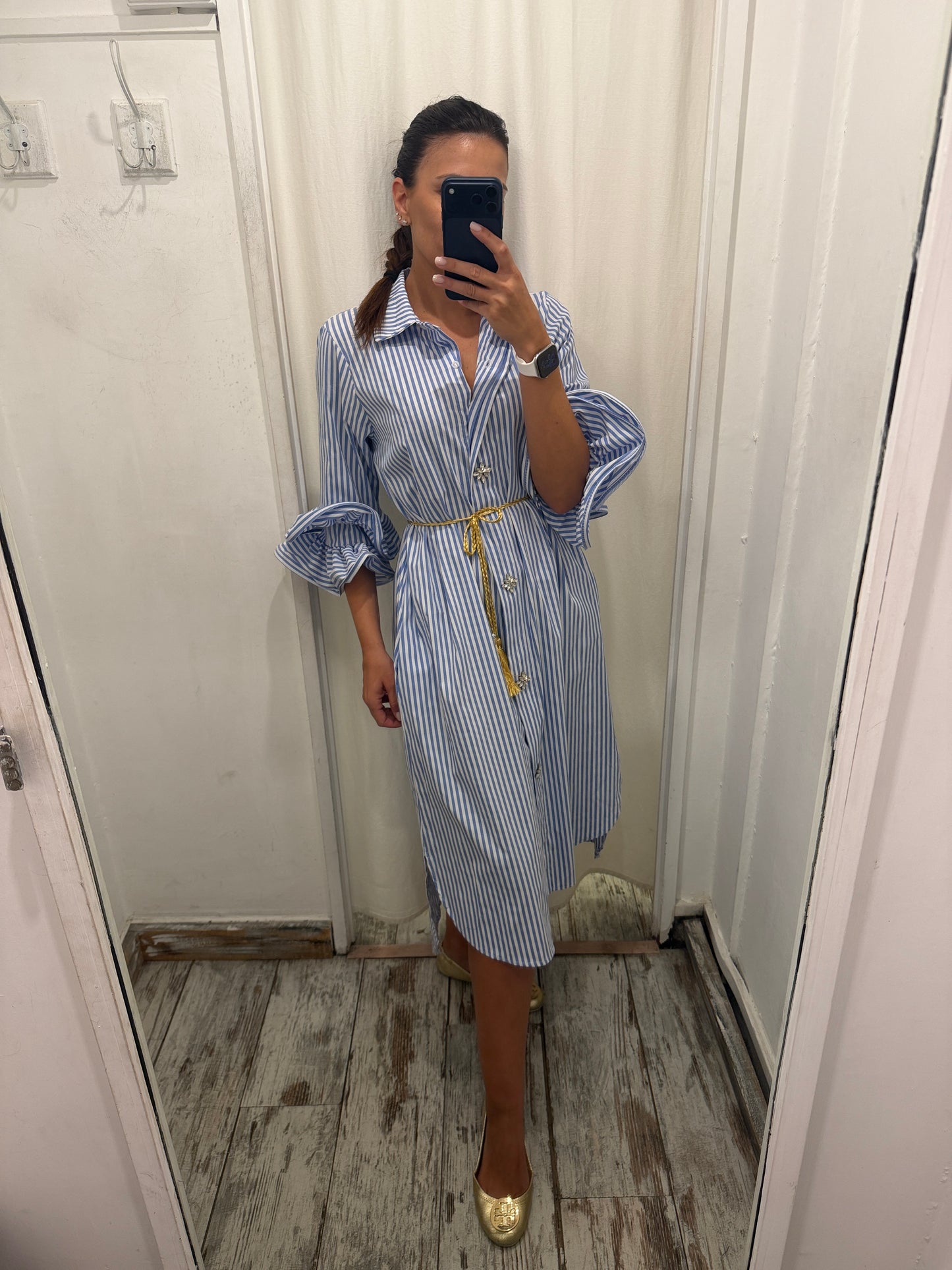 CAMICIONE A RIGHE CELESTE BOTTONI GIOIELLO