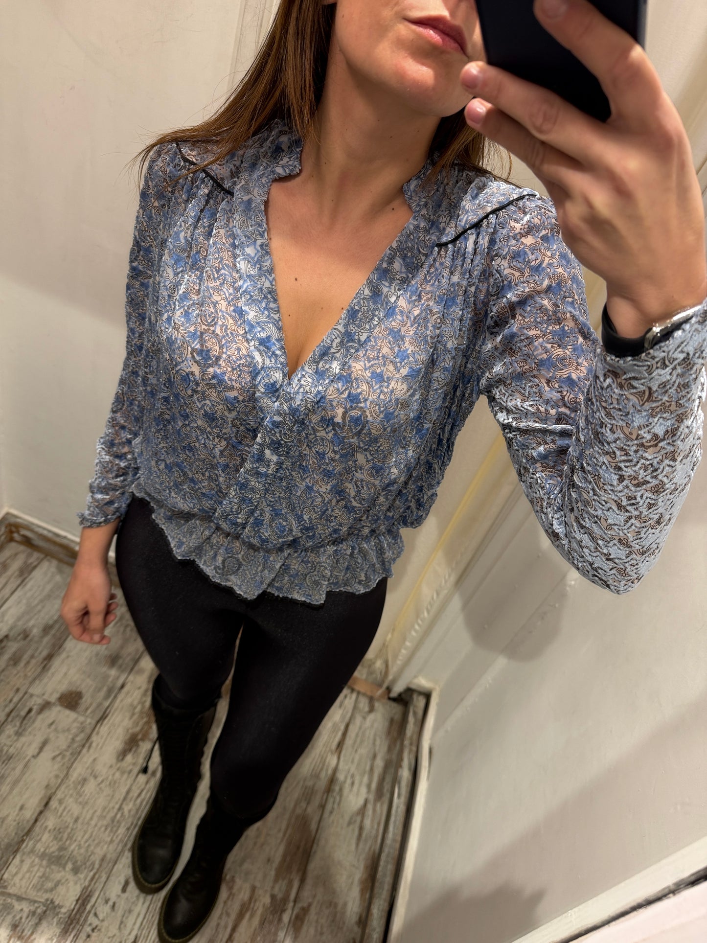 NEW COLLECTION - BLUSA ZADIG&VOLTAIRE FANTASIA MISTO SETA E VELLUTO CELESTE