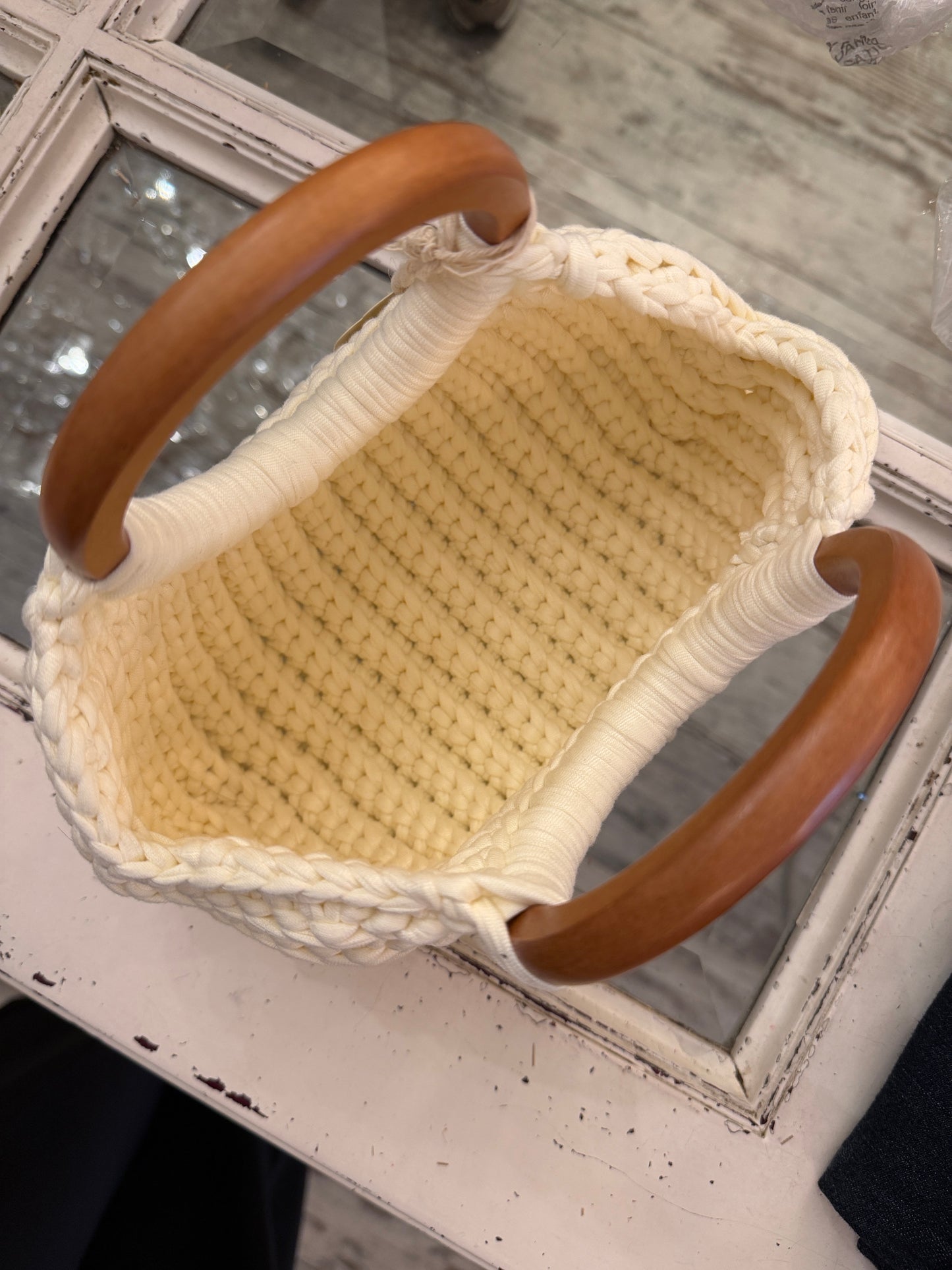 BORSA CROCHET BIANCA MANICI LEGNO