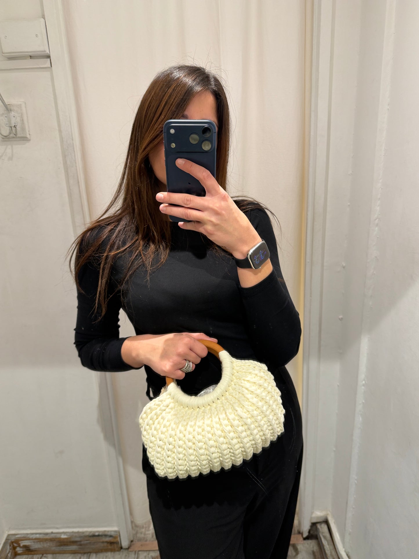 BORSA CROCHET BIANCA MANICI LEGNO