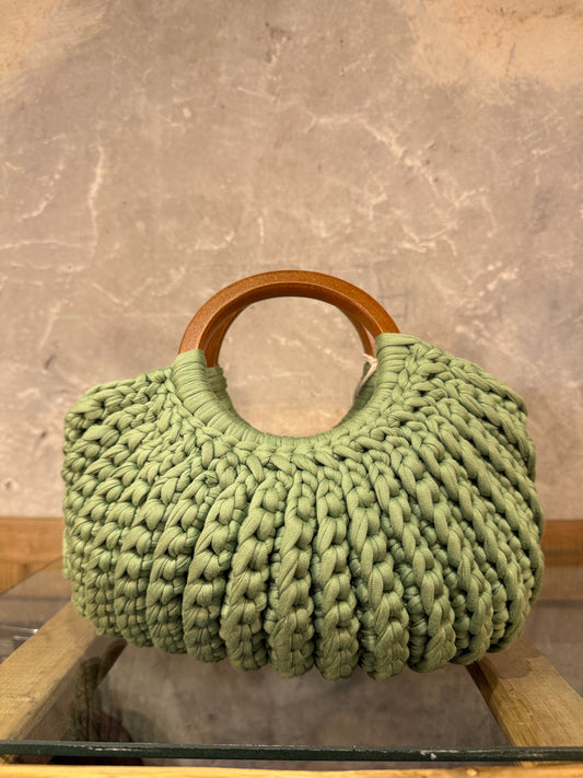 BORSA CROCHET VERDE CHIARO MANICI LEGNO