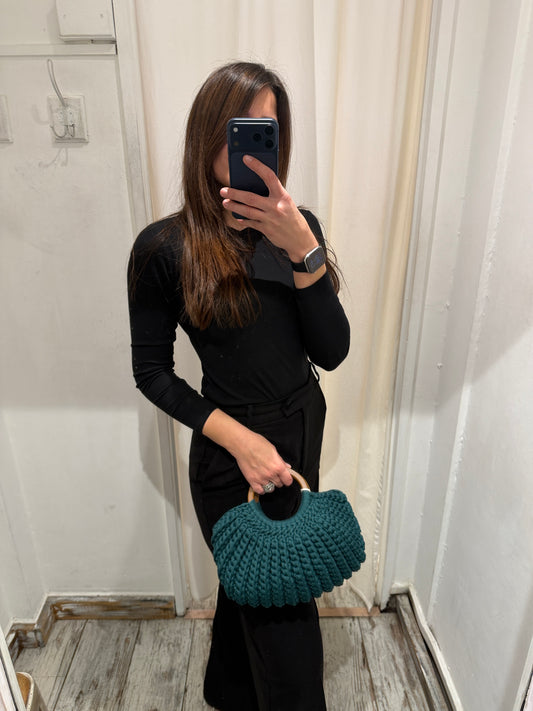 BORSA CROCHET VERDE SCURO MANICI LEGNO
