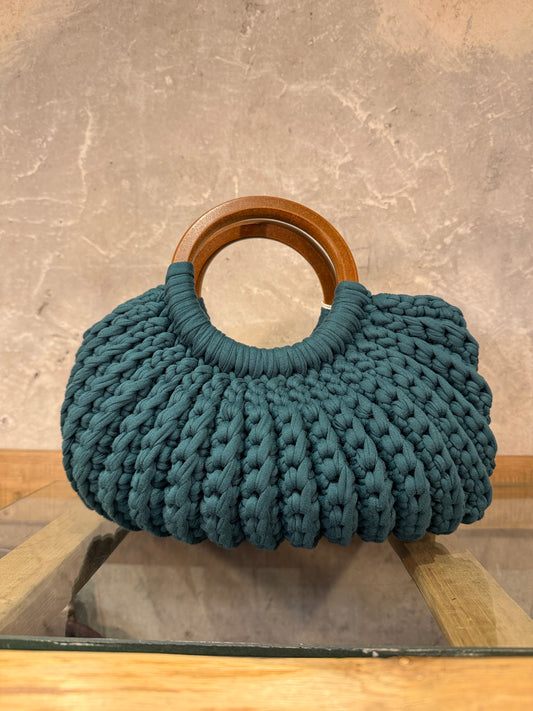 BORSA CROCHET VERDE SCURO MANICI LEGNO