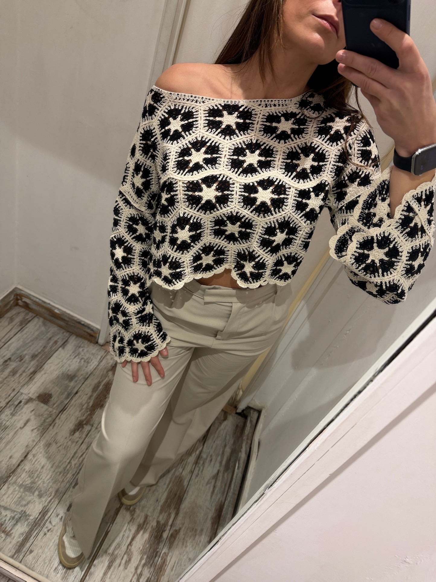 NEW COLLECTION - MAGLIA CROCHET PANNA E NERO