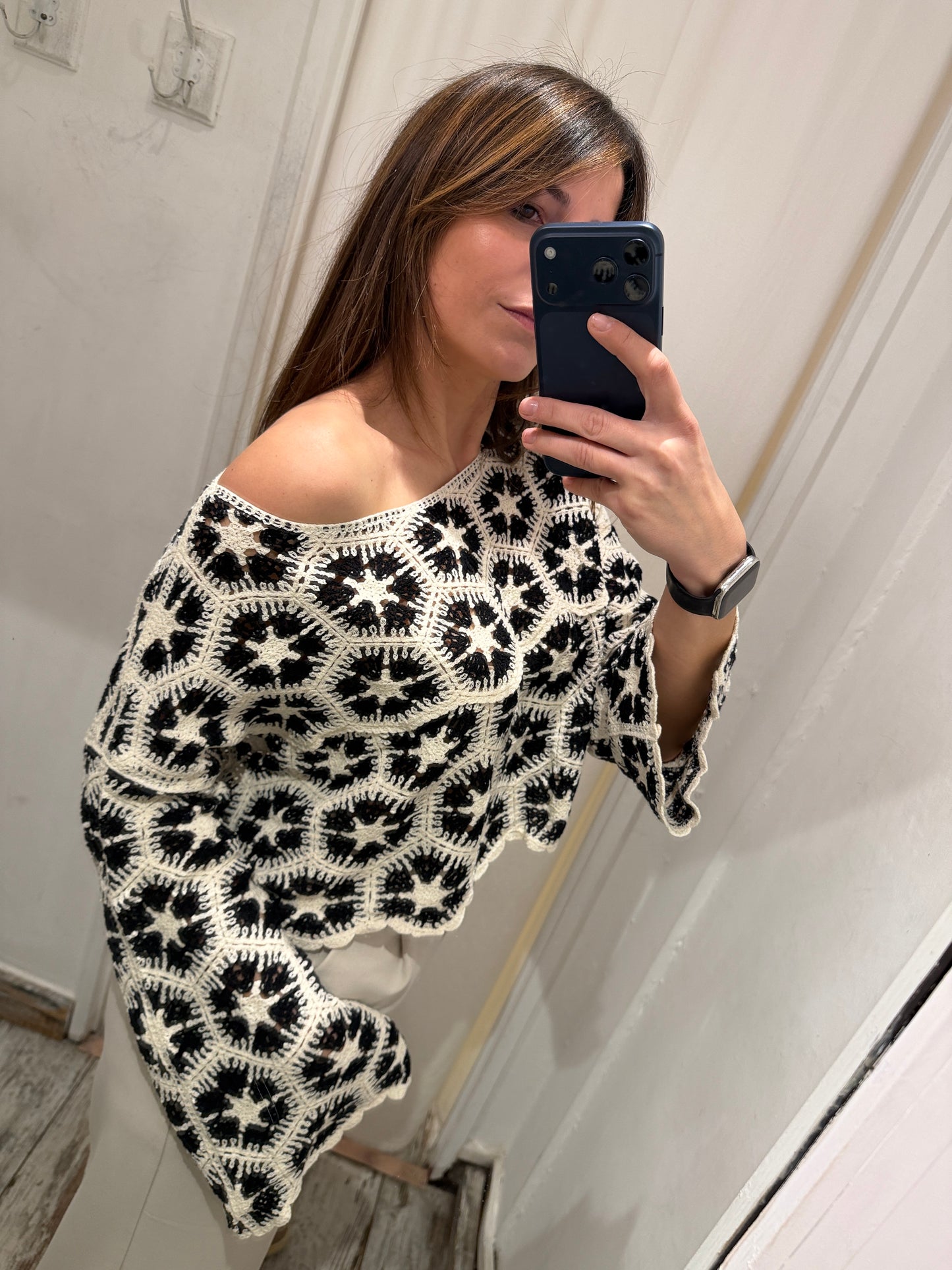 NEW COLLECTION - MAGLIA CROCHET PANNA E NERO