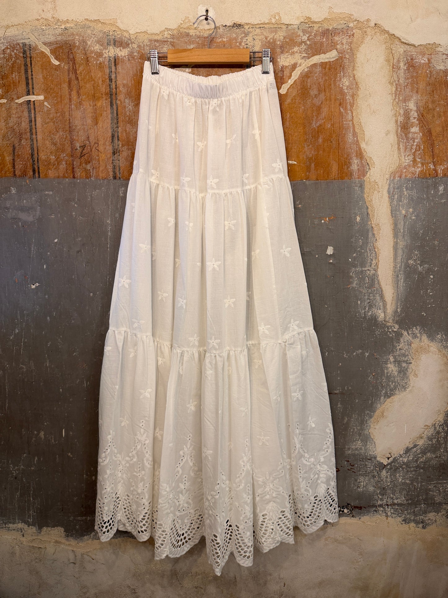 NEW COLLECTION - GONNA LUNGA BIANCA COTONE RICAMI E SANGALLO