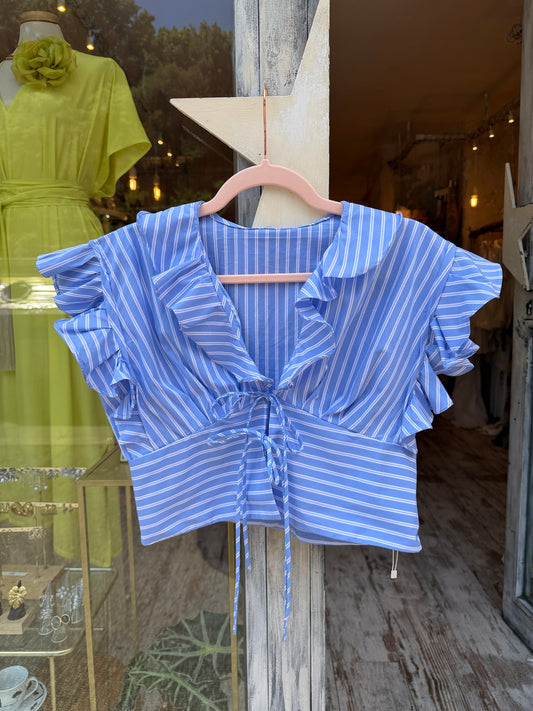 NEW COLLECTION - CAMICIA CROP AZZURRA RIGHE BIANCHE VOLANT