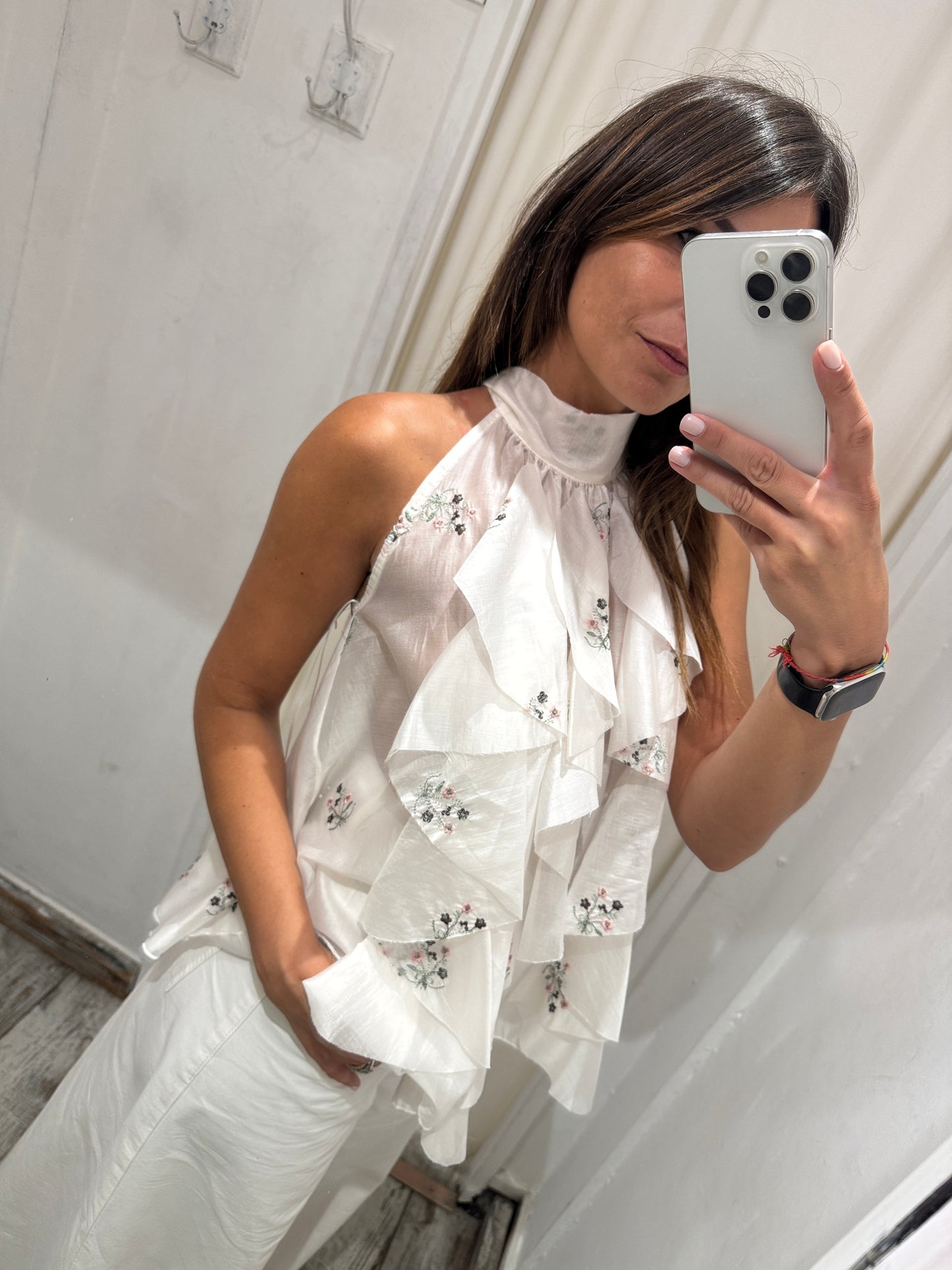 TOP HALTER BIANCO ROUCHES